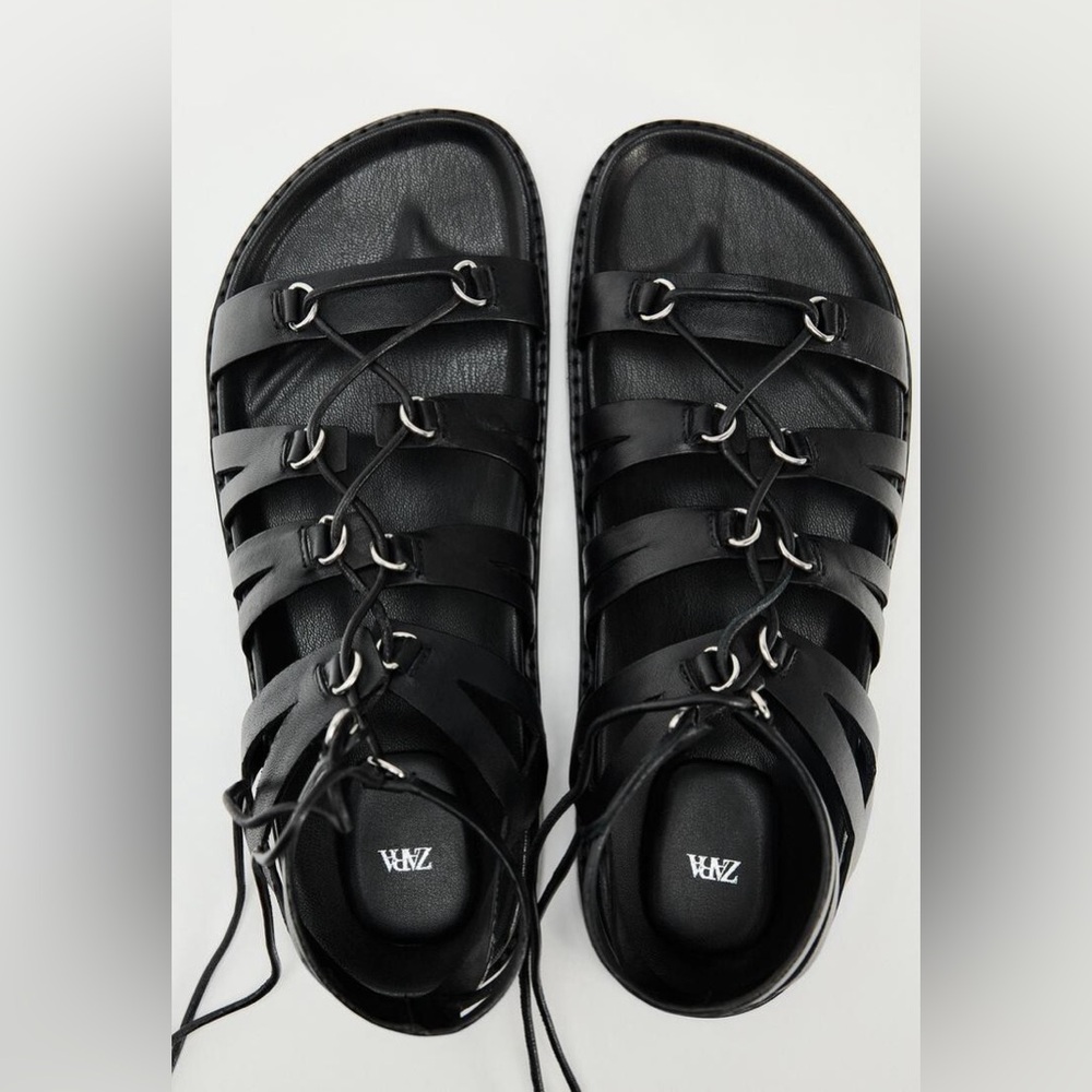 Zara LACE UP TIED FLAT LEATHER SANDALS Black Gladiator Sandals for Women